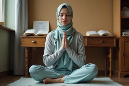 Jeune femme musulmane en supplication sur un tapis de prière dans une chambre universitaire entourée de livres de révision