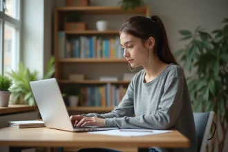 Jeune femme concentrée sur un portail universitaire sur son ordinateur