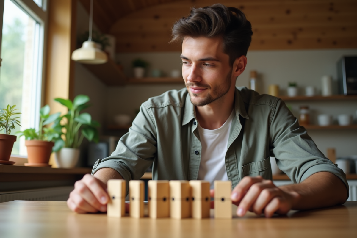 Jeune homme ajustant des dominos en cuisine chaleureuse