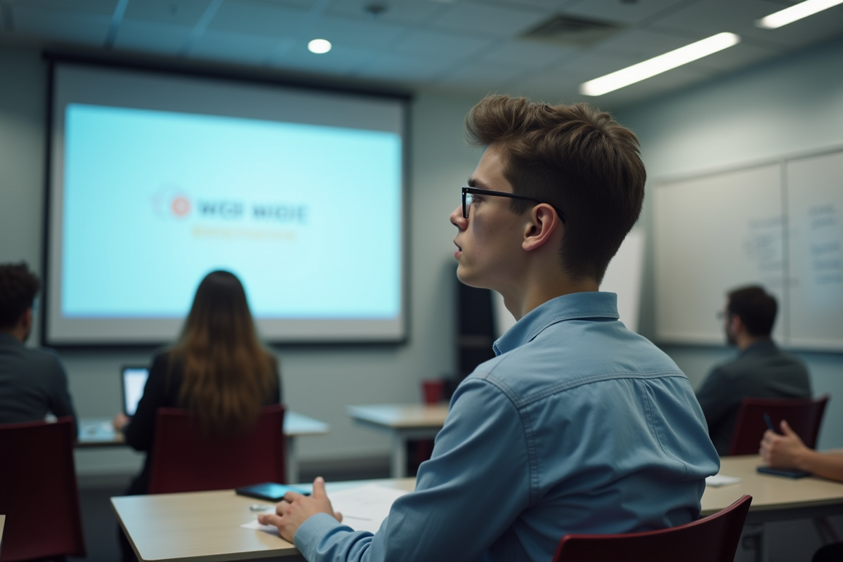 Jeune homme regardant une présentation en classe moderne