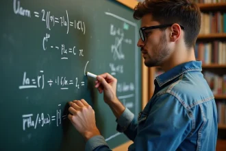 Jeune homme en classe écrivant des formules mathématiques sur un tableau noir