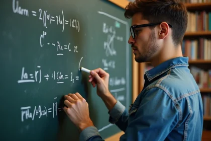 Jeune homme en classe écrivant des formules mathématiques sur un tableau noir