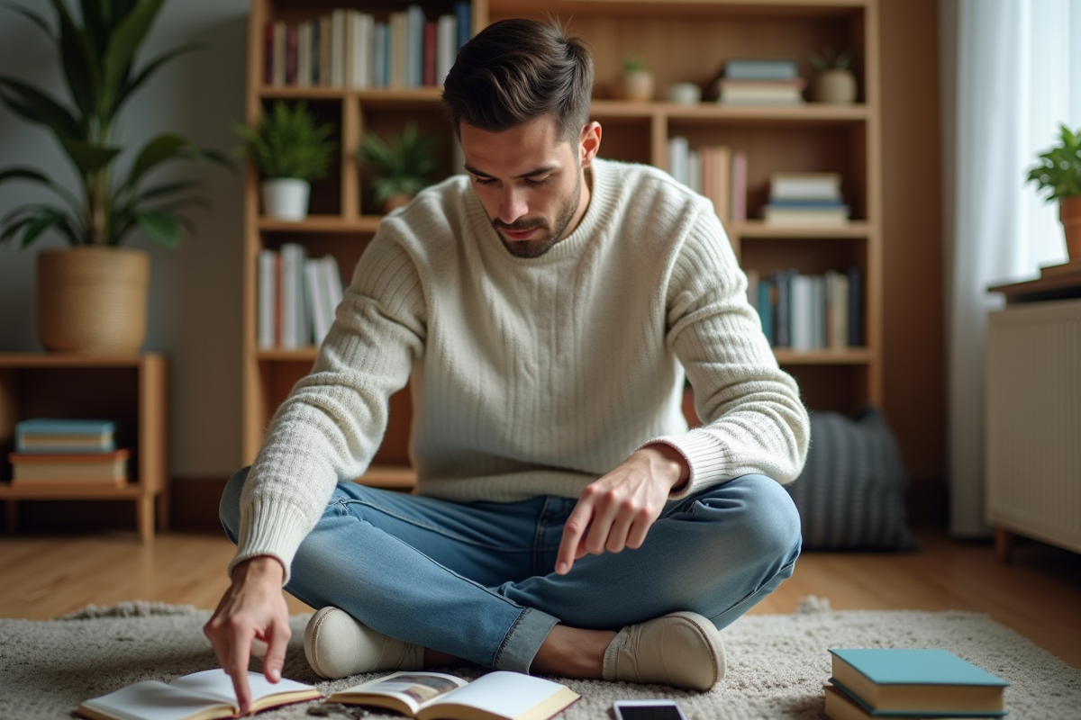 Jeune homme organise des objets dans un intérieur cosy