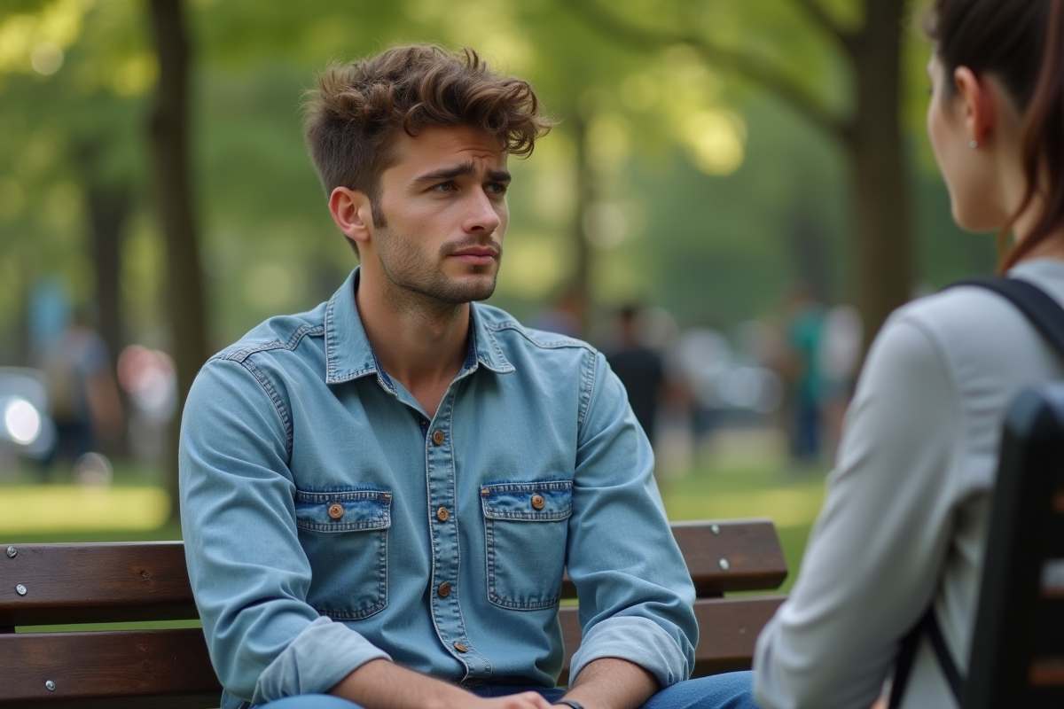 Jeune homme assis dans un parc avec expression frustrée