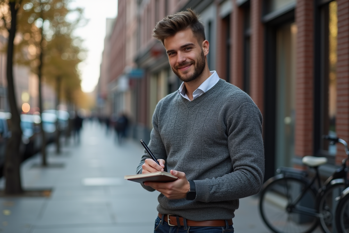 Jeune homme écrivant dans un carnet en extérieur en ville