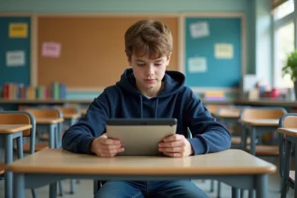 Adolescent concentré sur une tablette en classe