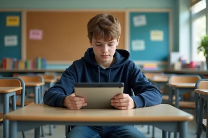 Adolescent concentré sur une tablette en classe