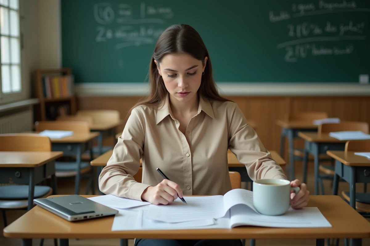 Jeune professeure débutante assise à son bureau dans une salle de classe française, examinant des copies corrigées avec une expression concentrée