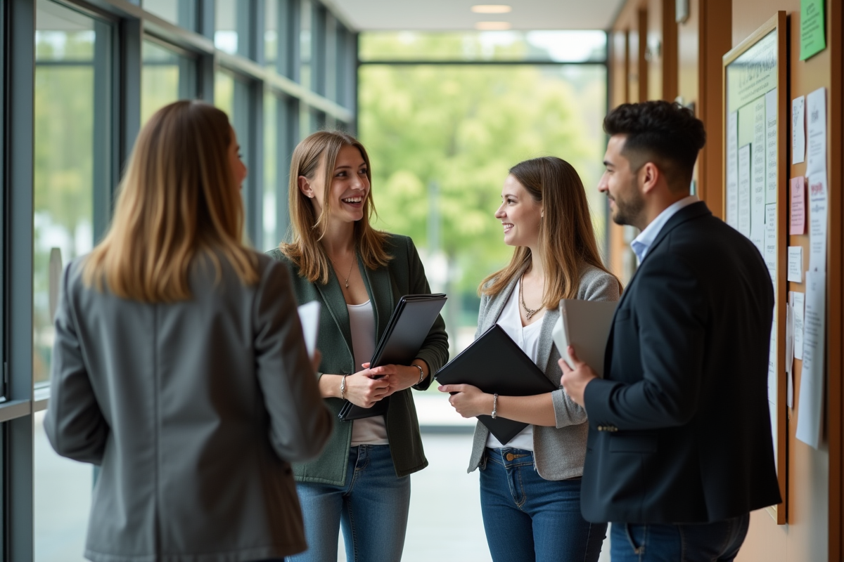 Jeunes adultes discutant avec diplomas dans un couloir universitaire