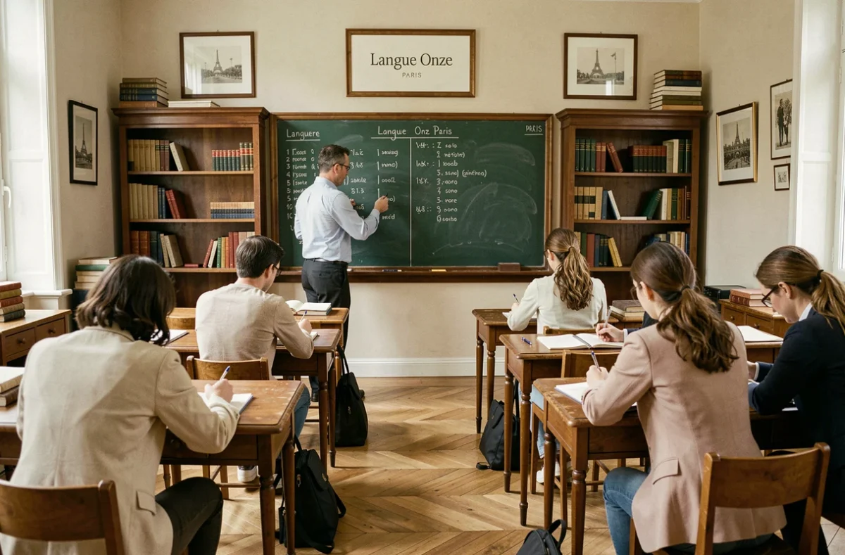 Cours de grammaire française sur tableau vert chez Langue Onze Paris