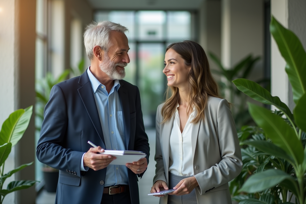 Chef d entreprise en discussion avec un jeune collegue