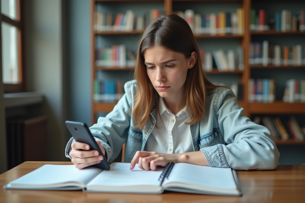 Lycéenne consultant une application de calcul de notes sur son téléphone pour vérifier le coefficient de philosophie au baccalauréat
