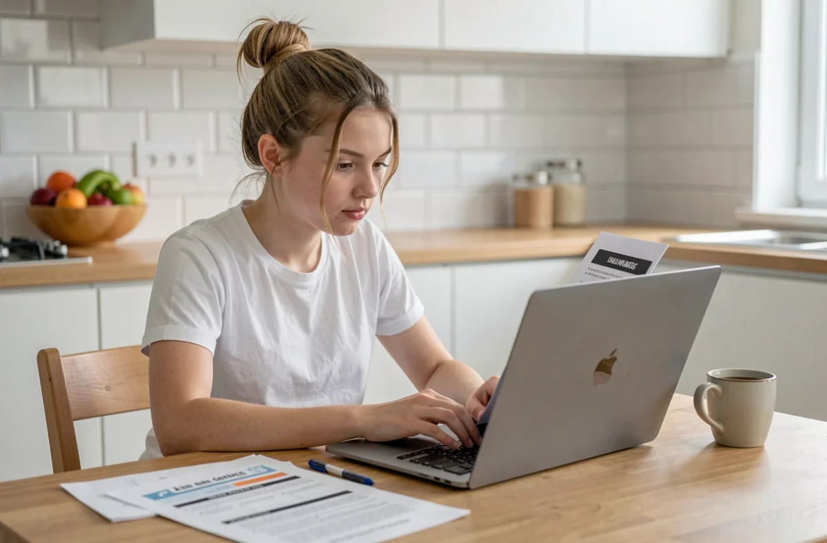 Adolescente révisant les questions du permis de conduire avec un PDF sur ordinateur portable dans une cuisine