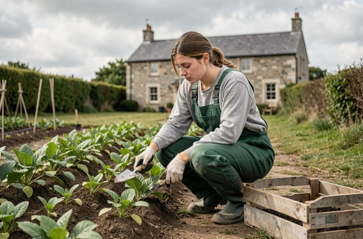 Jeune stagiaire en formation aux métiers ruraux inspectant des plants dans un jardin maraîcher à la Maison Familiale Rurale La Dalmassière
