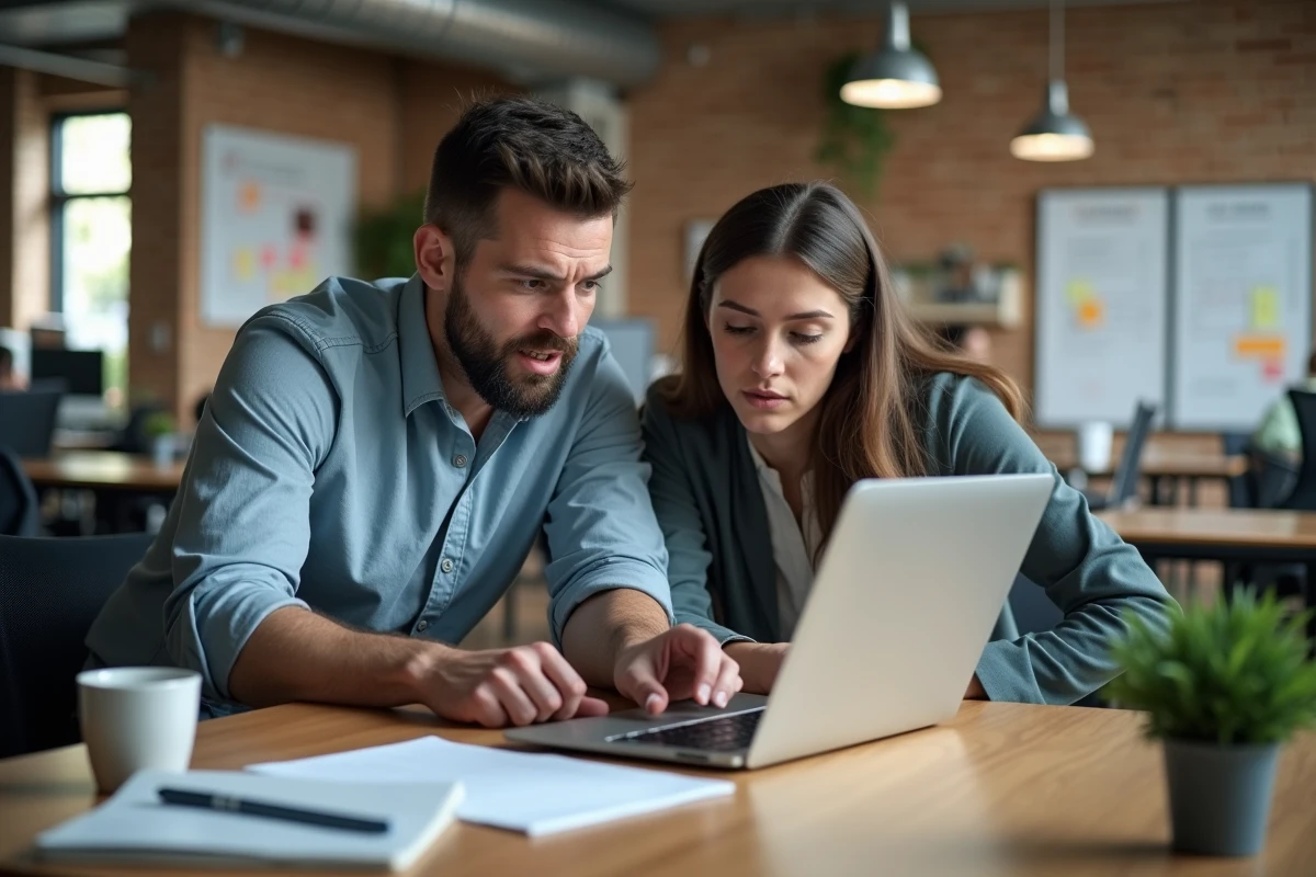 Manager masculin guidant une collaboratrice devant un écran d'ordinateur dans un open space de startup