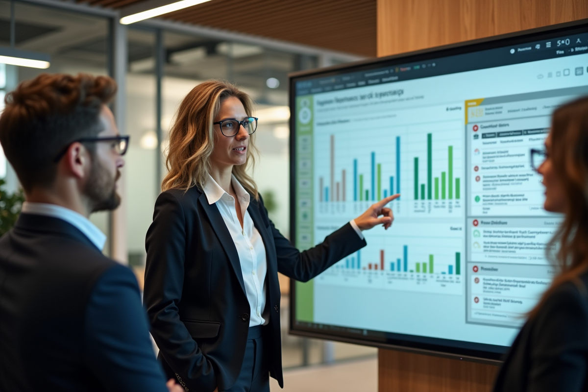 Manager en discussion avec collègues devant un écran interactif