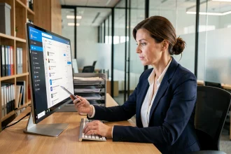 Professionnelle utilisant une messagerie d'entreprise organisée sur ordinateur dans un bureau moderne