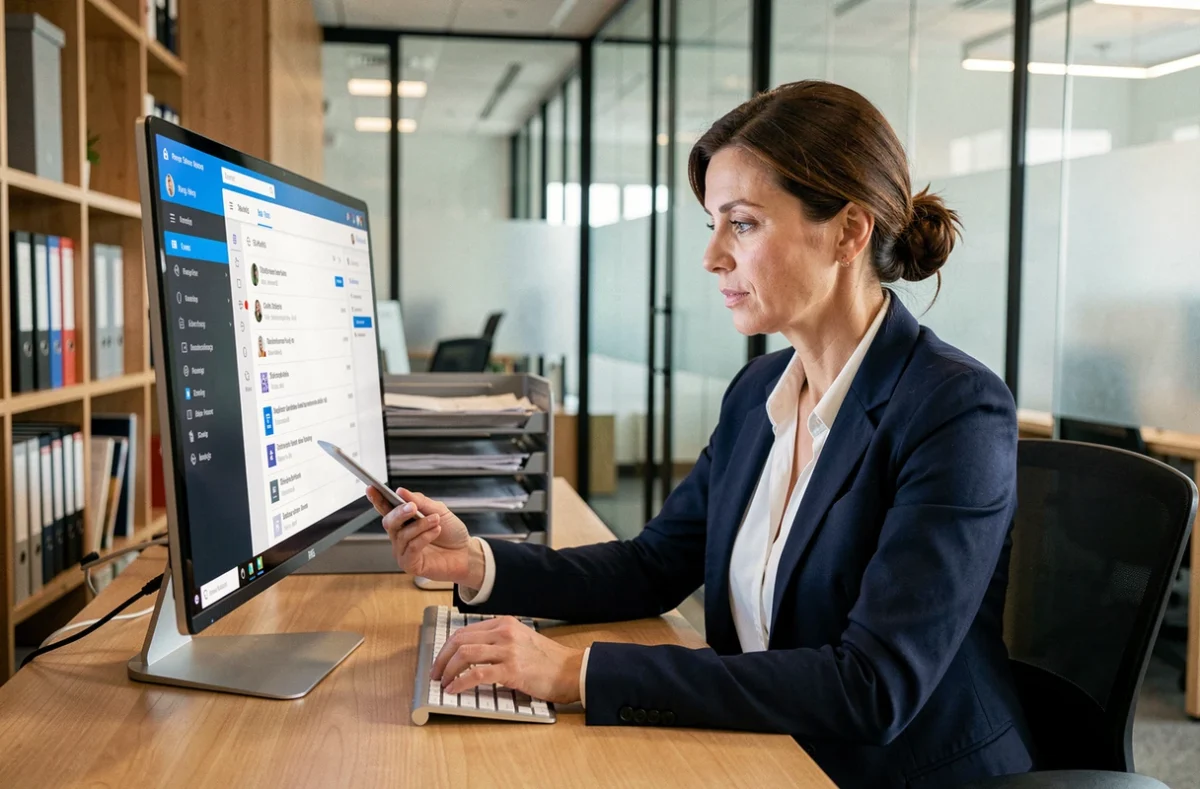 Professionnelle utilisant une messagerie d'entreprise organisée sur ordinateur dans un bureau moderne