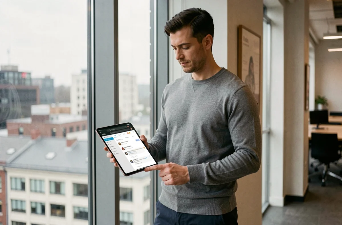 Homme d'affaires consultant sa messagerie professionnelle sur tablette dans un espace de coworking