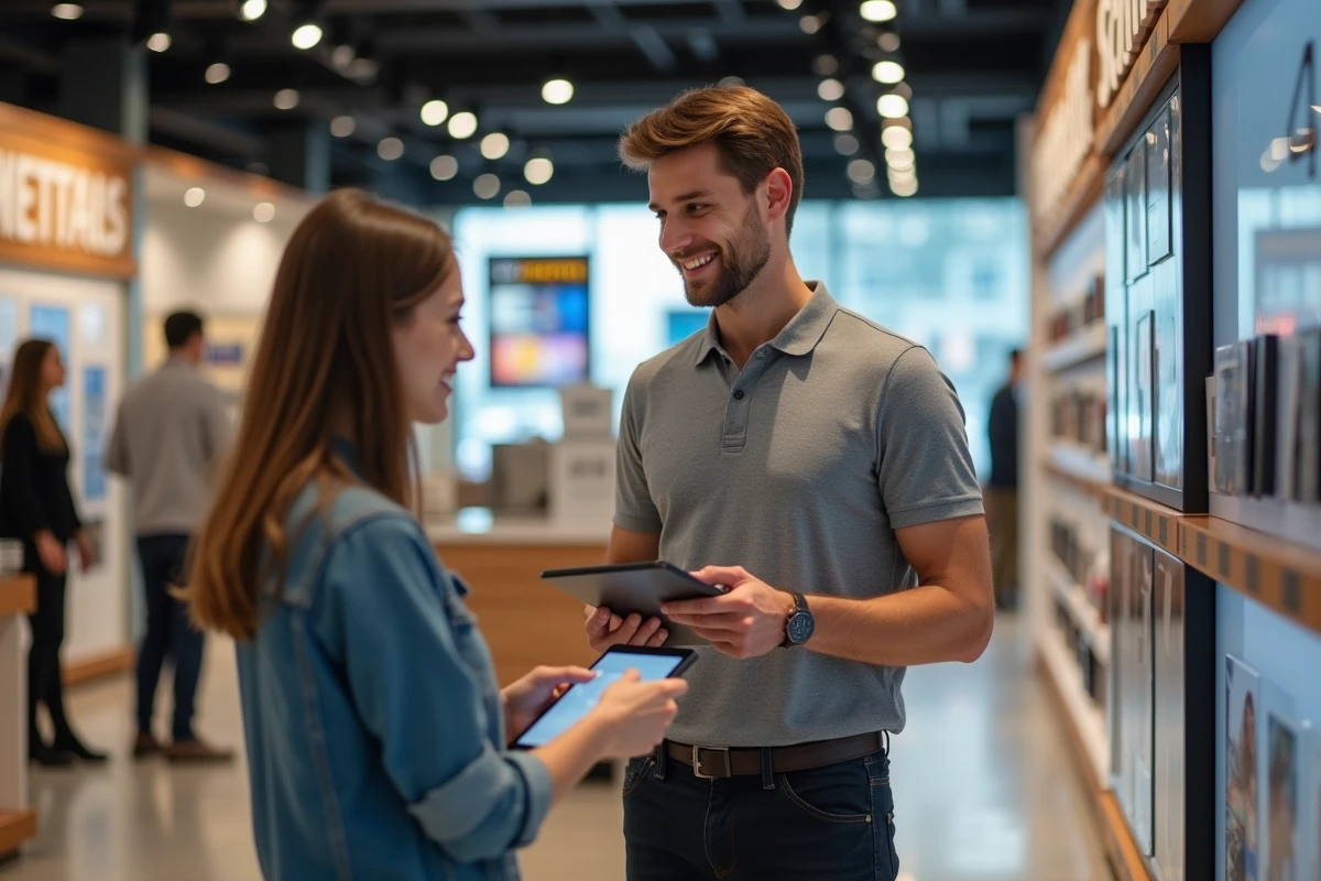 Jeune commercial en STMG conseillant un client en magasin avec une tablette, illustration des métiers du commerce accessibles après le bac STMG