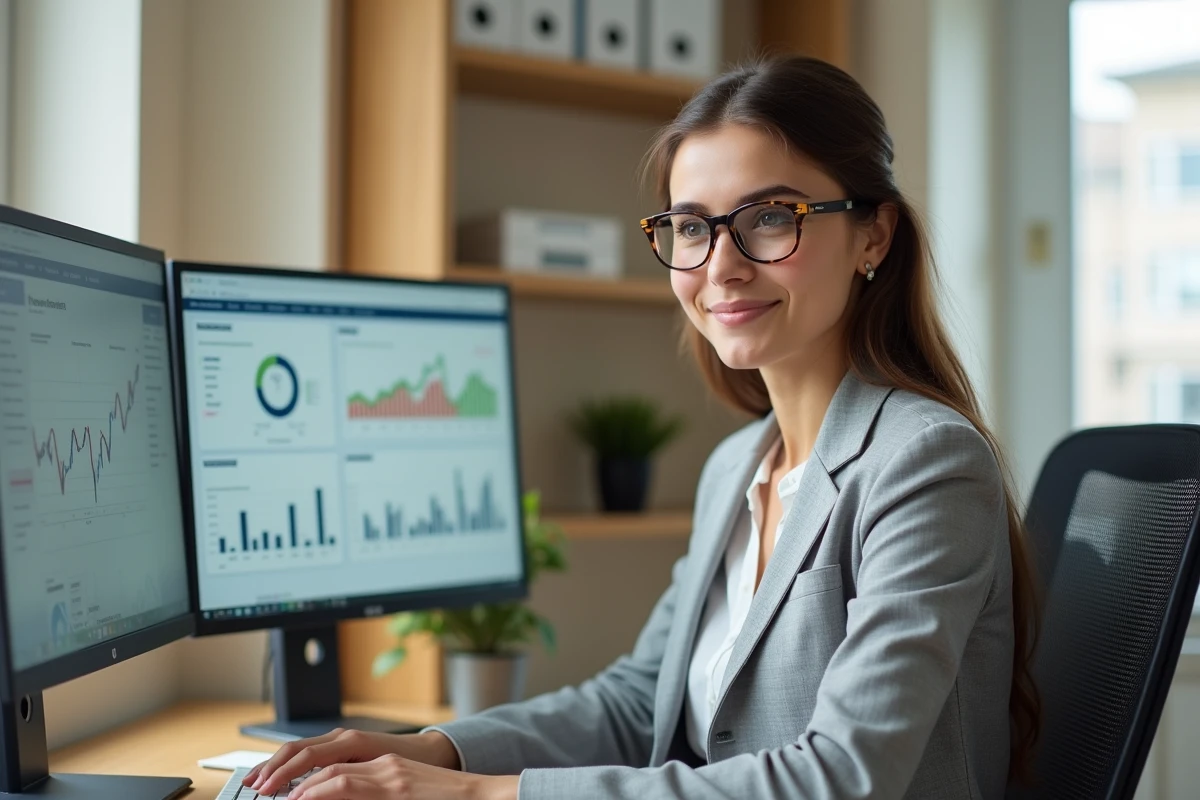 Jeune femme diplômée STMG travaillant sur des tableaux de gestion financière dans un bureau professionnel, métiers de la comptabilité et gestion après le bac STMG