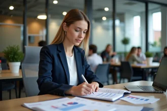 Jeune diplômée STMG travaillant dans un bureau moderne sur des analyses marketing, illustrant les débouchés professionnels après le bac STMG