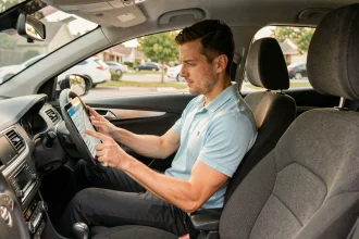 Moniteur d'auto-école et élève révisant ensemble les questions du code de la route sur une tablette dans un véhicule d'apprentissage