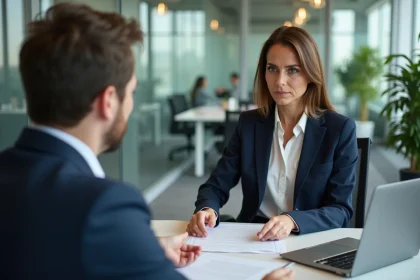 Femme cadre négociant une augmentation de salaire face à un responsable RH dans un bureau moderne