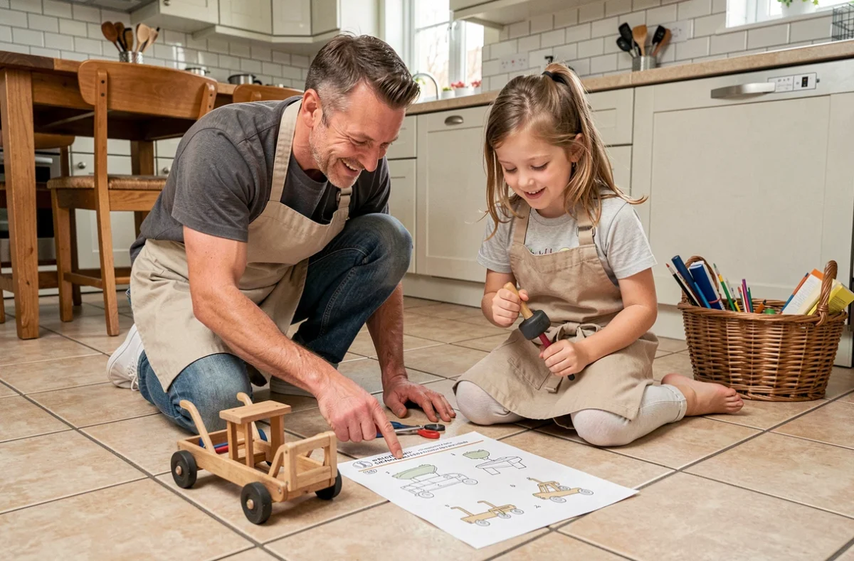 Père et fille suivant un guide de bricolage pas à pas ensemble sur le sol de la cuisine familiale
