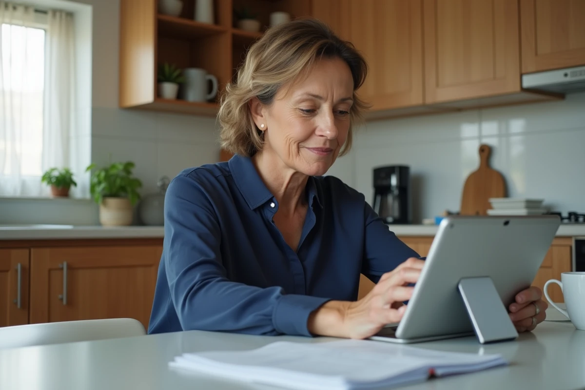 Parent consultant la messagerie de l'ENT Cholet sur une tablette depuis la cuisine pour suivre la scolarité de son enfant