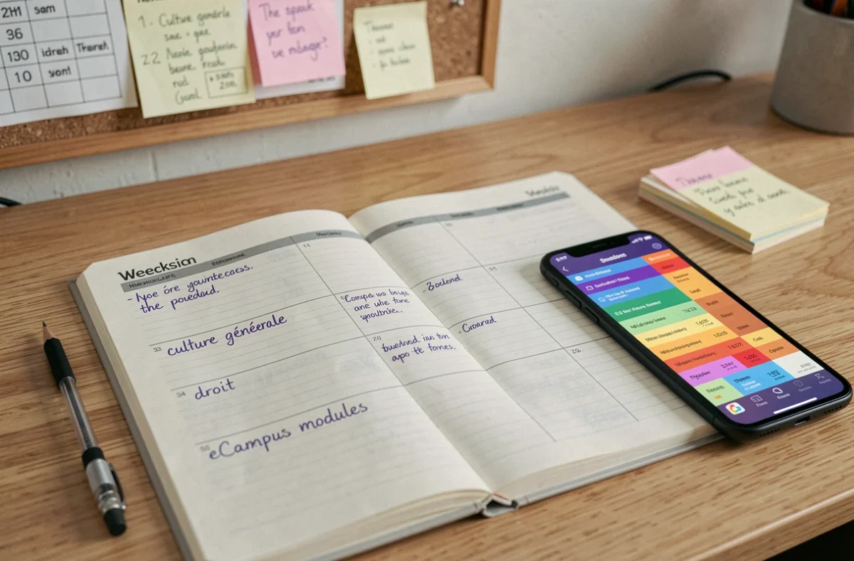 Planning papier de révision pour le concours de police eCampus avec agenda hebdomadaire et application mobile