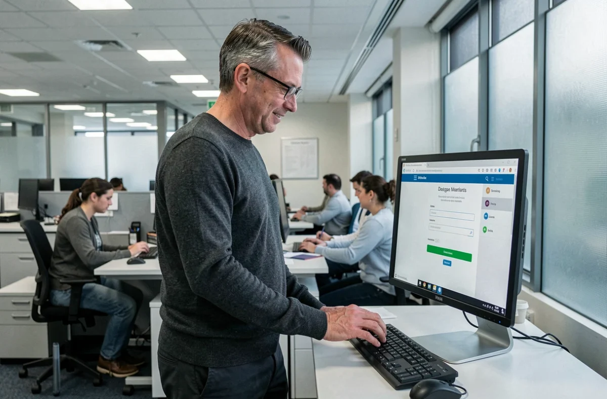 Enseignant effectuant sa première connexion au portail PIA depuis un bureau administratif scolaire