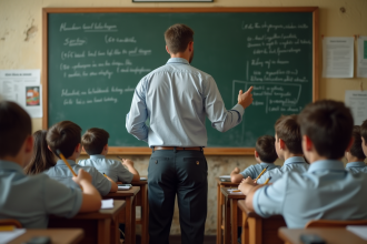 Professeur enseignant devant des élèves en classe traditionnelle