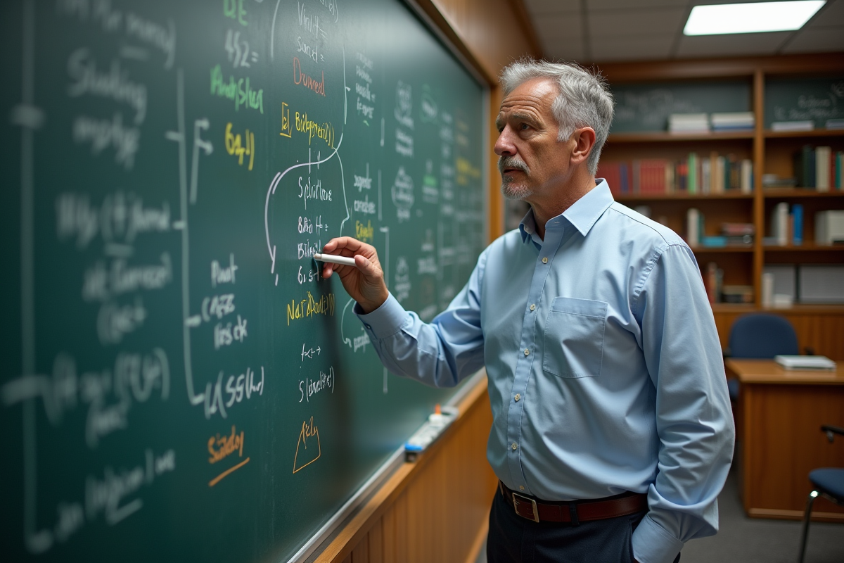Professeur de physique expliquant des concepts devant un tableau