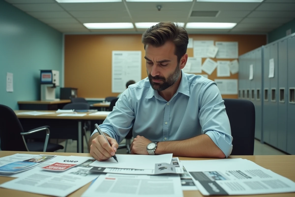 Enseignant masculin consultant des documents syndicaux dans la salle des professeurs d'un lycée français, symbolisant les négociations autour du Pacte enseignant 2026