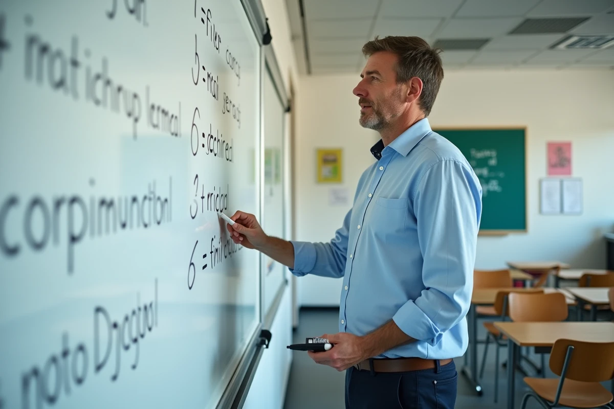Professeur de français expliquant la conjugaison des verbes du deuxième groupe au tableau blanc dans une salle de classe moderne