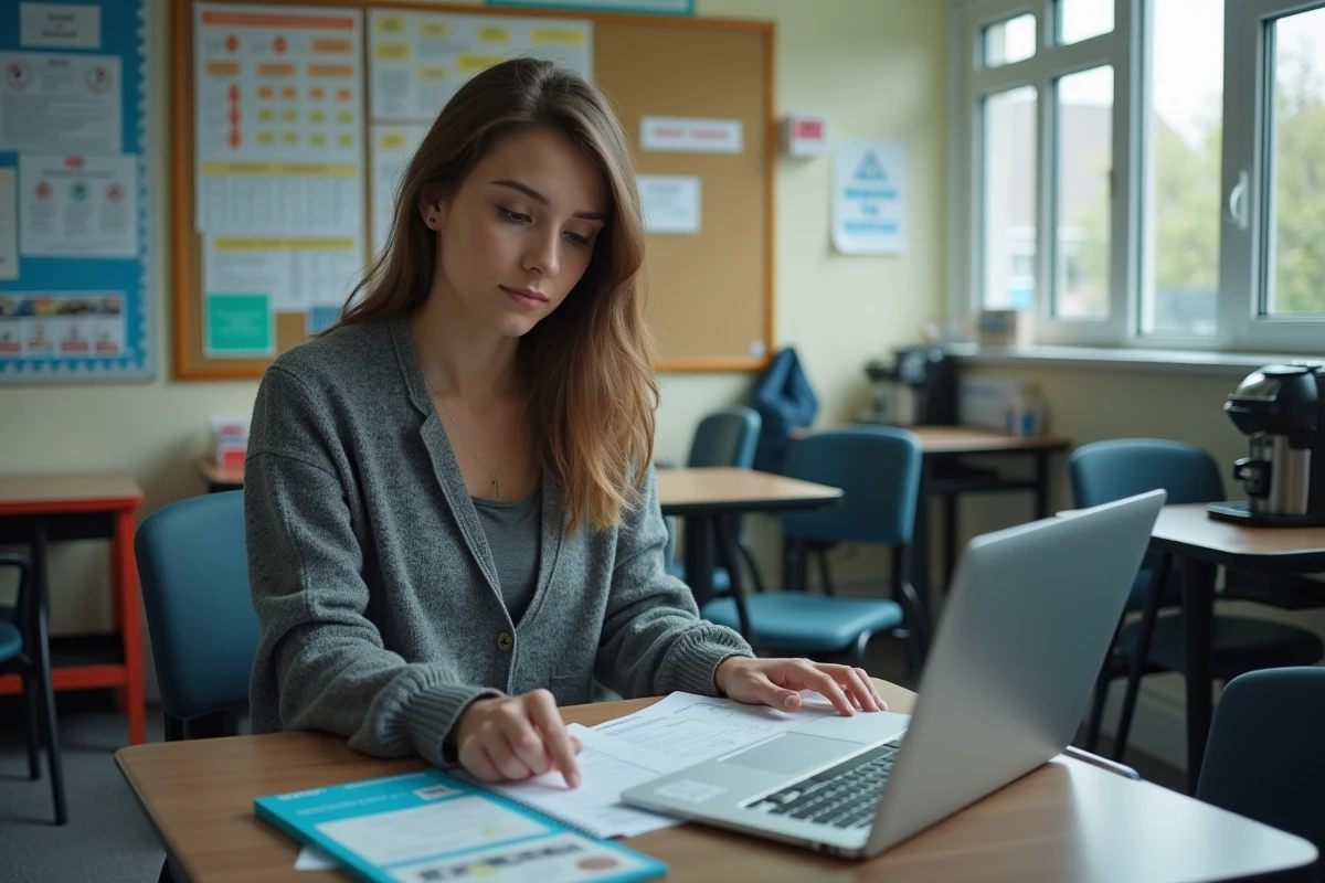 Jeune professeure débutante en salle des profs consultant une grille salariale et une brochure syndicale, réfléchissant à ses perspectives d'augmentation