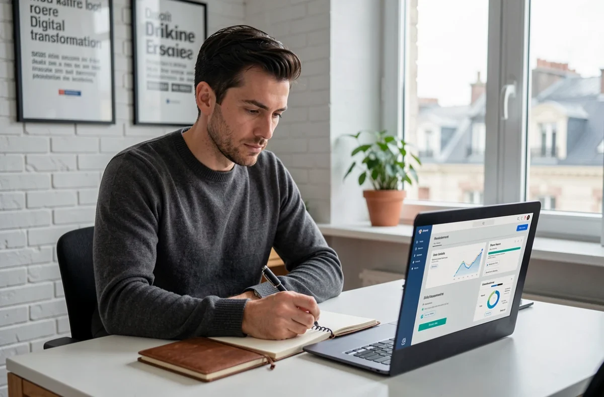 Professionnel parisien consultant une plateforme de recrutement numérique pour identifier les compétences digitales recherchées