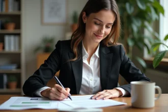 Jeune femme rédigeant une lettre de motivation à son bureau à domicile, stylo en main, dans une tenue professionnelle soignée