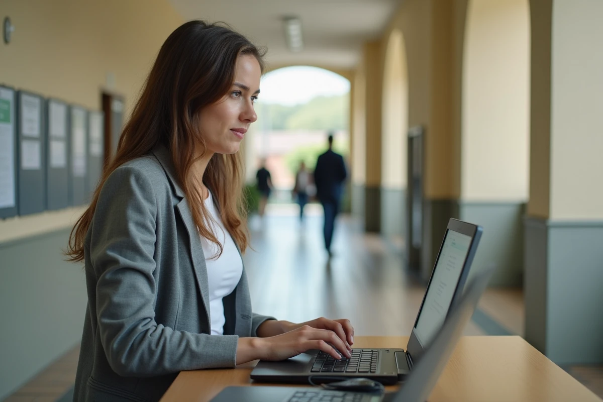 Jeune femme réinitialisant son mot de passe sur un intranet dans un couloir administratif