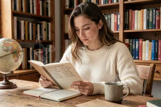 Jeune femme révisant l'imparfait espagnol dans un bureau chaleureux avec un cahier manuscrit et des livres de langue