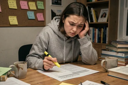 Jeune femme révisant ses questions de permis de conduire sur un document PDF imprimé à son bureau le soir