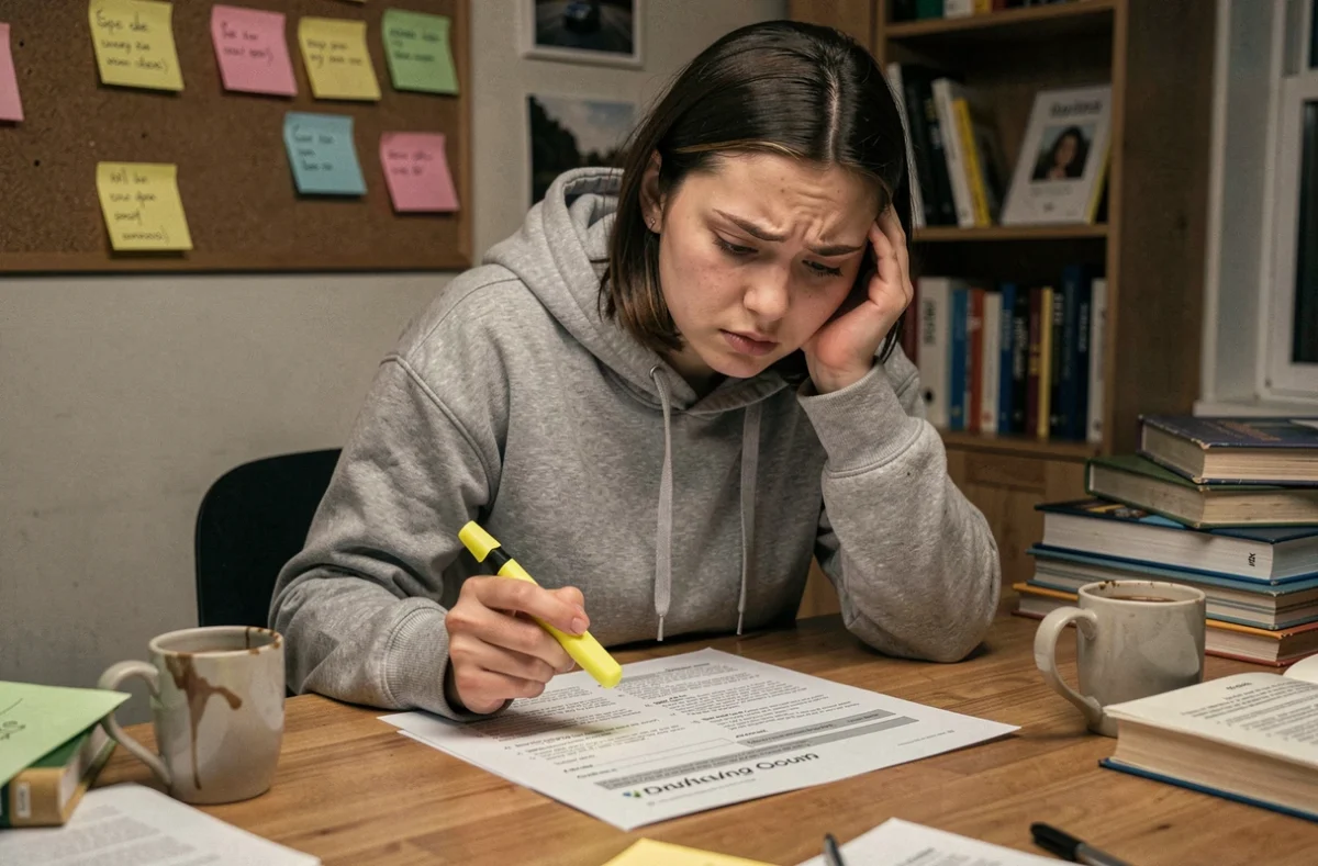 Jeune femme révisant ses questions de permis de conduire sur un document PDF imprimé à son bureau le soir