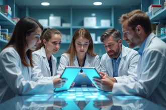 Groupe de scientifiques en discussion dans un laboratoire hightech