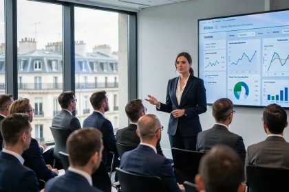 Formatrice présentant des compétences digitales lors d'un séminaire professionnel à Paris devant un écran de données