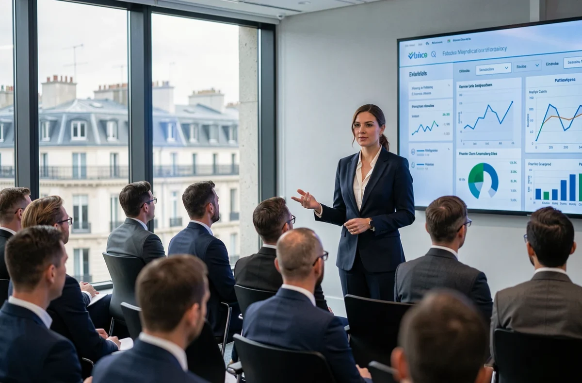 Formatrice présentant des compétences digitales lors d'un séminaire professionnel à Paris devant un écran de données