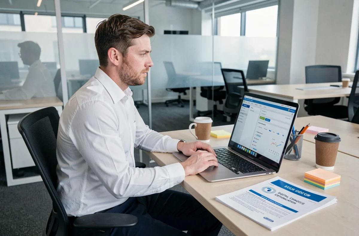 Professionnel préparant une certification numérique et gestion de projet avec Skills4All dans un espace de coworking moderne