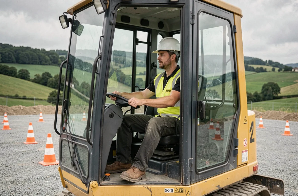 Stagiaire en formation conduite d'engins CACES dans un centre de formation en Bièvre Isère, aux commandes d'un engin de chantier