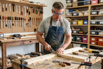 Homme adulte apprenant la menuiserie lors d'un stage bricolage pour réduire ses factures de travaux