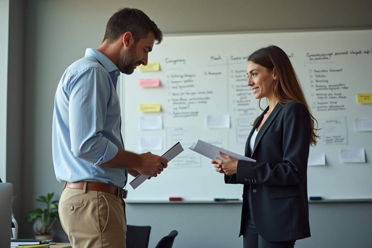 Superviseur donnant une checklist à une stagiaire au tableau